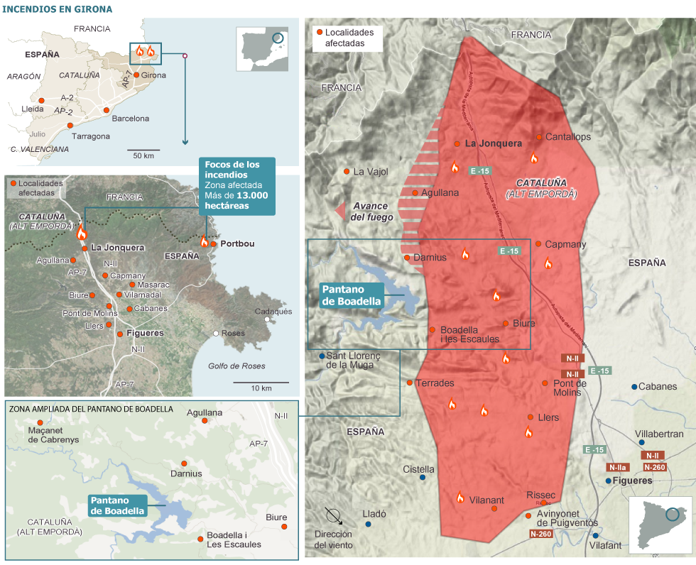 Mapa Las Zonas Afectadas por el Incendio de Gerona