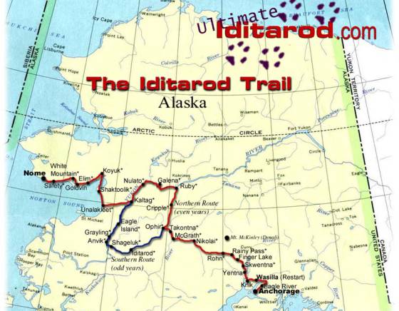 Las dos rutas de Iditarod. La del sur (desvío en azul) y la del norte (completamente en rojo). Un paseo de nada