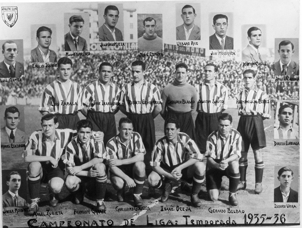 Agustín Sauto, 'Bata', a quien denominaban así desde que un día de niño salió a jugar al fútbol con sus amigos con una bata de andar por casa, fue uno de los grandes goleadores de la historia del Athletic. Marcó tres goles en la victoria más amplia lograda por los rojiblancos en un derbi en San Mamés (7-0, 1934-35). Bata también tiene (junto a Kubala) el récord de goles en un mismo encuentro liguero: le endosó siete tantos al Barcelona en la que todavía hoy es la mayor goleada de la historia liguera (12-1, 1930-31). En su última temporada en el Athletic, justo antes de la Guerra Civil, ayudó con 21 goles a que los rojiblancos levantaran su cuarta Liga. Se retiró para poder regentar el bar que tenía en su Barakaldo natal. En la imagen, Bata (con el nombre de Agustín Sauto) posa junto al portero Gregorio Blasco.