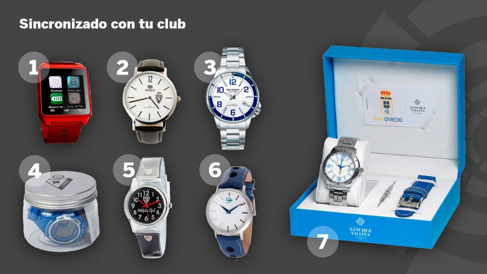 De tecnología suiza, con pulsera de cuero o de metal, incluso uno inteligente. Los relojes con los escudos (y los colores) de los clubes se venden sobre todo para cumpleaños, comuniones y en Navidad, de acuerdo con Olivier Louyot, responsable de la comercialización de los productos del Málaga CF.   1. 'Smartwatch' del Osasuna 29,90 euros | 2. Reloj de piel del Real Zaragoza 69,95 euros | 3. Reloj de acero inoxidable del Real Madrid 105 euros | 4. Reloj digital júnior del Eibar 30 euros |5. Reloj ligero del Athletic de Bilbao 20 euros | 6. Reloj de piel del Alavés 57,85 euros | 7. Reloj con dos pulseras del Real Oviedo 119 euros