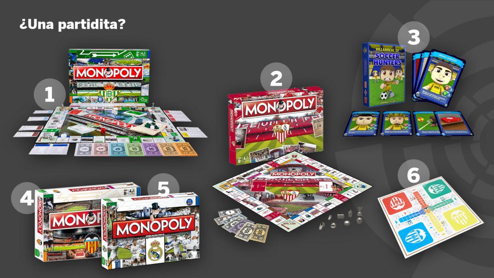 ¿Quién no ha pensado alguna vez cómo gestionaría a su club favorito? Monopoly ha adaptado su tablero clásico al universo de los equipos de LaLiga Santander. También se puede jugar al parchís y las cartas sin renunciar a tu escudo.   1. Monopoly del Real Betis 39,95 euros | 2. Monopoly del Sevilla FC 39,90 euros | 3. Juego de cartas Soccer Hunters del Villarreal CF 8,5 euros | 4. Monopoly del Valencia FC 27,96 euros | 5. Monopoly del Real Madrid 34,96 euros | 6. Cuatro juegos en uno del Valencia FC 13 euros