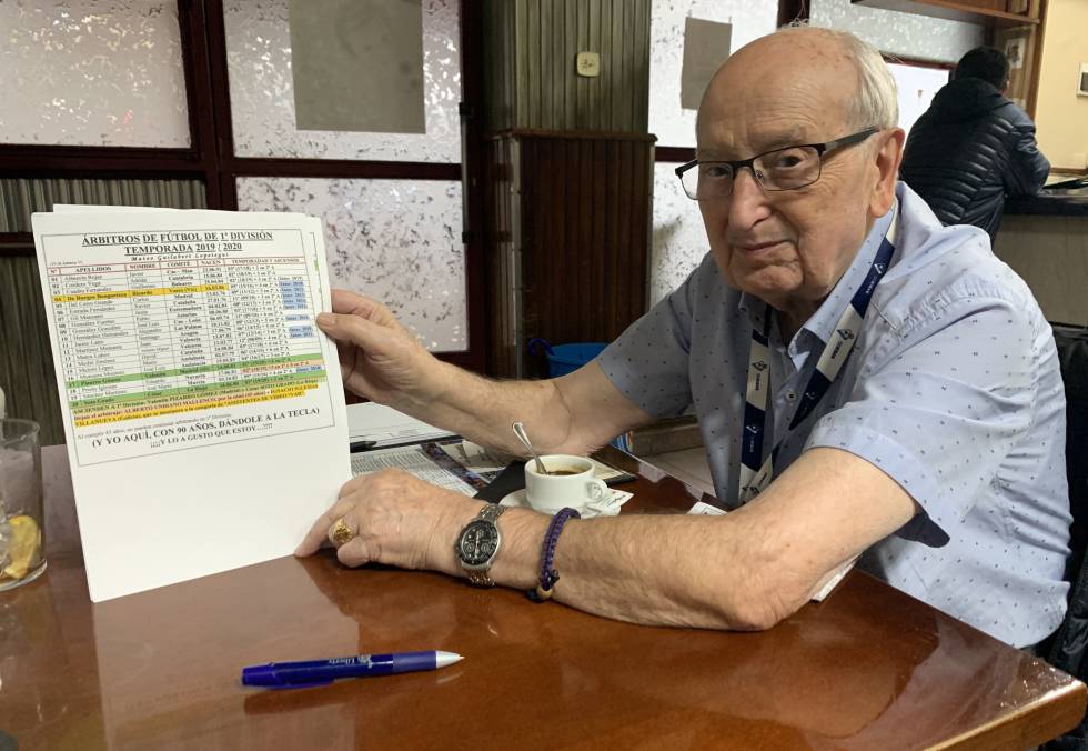 Mateo Gilabert, con la planilla donde tiene anotados todos los árbitros de LaLiga Santander.