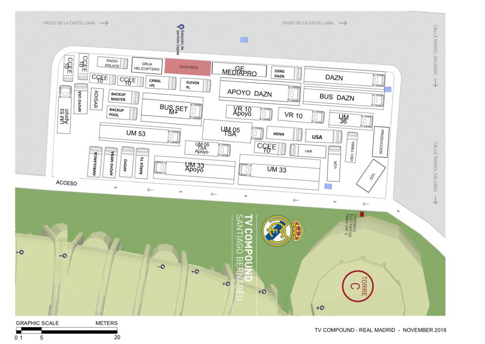Un plano con la ubicación de decenas de unidades móviles en el Santiago Bernabéu en noviembre de 2018.