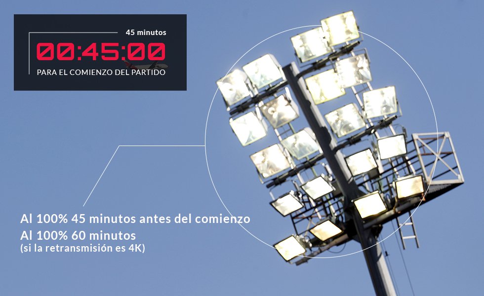 ¿Te sorprende ver los focos encendidos de día cuando vas a ver a tu equipo? El alumbrado está al servicio de la producción de televisión y debe estar funcionando incluso cuando está soleado. Para una retransmisión óptima, es importante que en los partidos que se juegan de día las luces de los estadios reduzcan la atenuación de los contrastes entre sol y sombra. Por eso, en el caso de los encuentros diurnos la iluminación deberá estar al 100% al menos 45 minutos antes del comienzo del partido (60 si se retransmite en tecnología 4K).