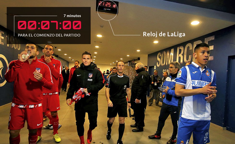 Una vez que regresan a los vestuarios tras calentar, los jugadores tienen ocho minutos para volver a salir. El director de partido tiene un programa denominado "LaLiga en hora" para que todo funcione al segundo. LaLiga ha promovido la instalación de un reloj en los pasillos de los vestuarios para marcar la pauta y evitar incumplimientos. Quedan siete minutos. Los equipos deben concentrarse en el túnel para saltar al campo con el árbitro justo cuando falten cinco. Dos minutos después, formación y saludo. Y quedan ya solo dos minutos para el sorteo de campo, la disposición de los jugadores en sus campos y para que empiece el espectáculo. En el caso de que se desarrollara algún acto protocolario previo al inicio del partido, los tiempos se modifican para asegurar el puntual comienzo del encuentro. Milimetrado.