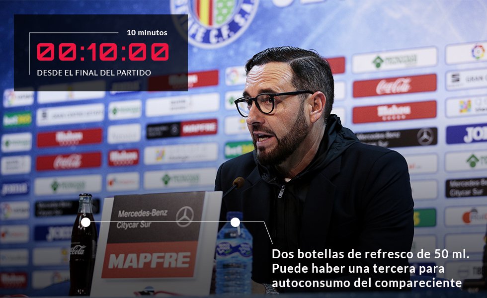 Una vez finalizado el partido, los entrenadores de los equipos comparecen ante los medios en la sala de prensa. El visitante deberá hacerlo entre 10 y 15 minutos después del pitido final. El local deberá presentarse como máximo cinco minutos después de que termine el entrenador rival. En la rueda de prensa, el reglamento audiovisual hace que siempre veamos en los tiros de cámara dos botellas, de agua o de refresco, de 50 ml. No puede haber más ni de otro líquido. ¿Y si el protagonista quisiera beber otra cosa? Puede haber una tercera botella si la bebida es para autoconsumo del compareciente que atiende a los medios. Deberá situarse sin marca visible y atrasada o alejada del tiro de cámara para que no tenga presencia relevante, establece el reglamento, que también determina el tamaño exacto de la publicidad del micrófono: "una placa de 30 centímetros de ancho y 24 de largo”. En la imagen, José Bordalás, entrenador del Getafe, ante los periodistas tras un partido de su equipo.