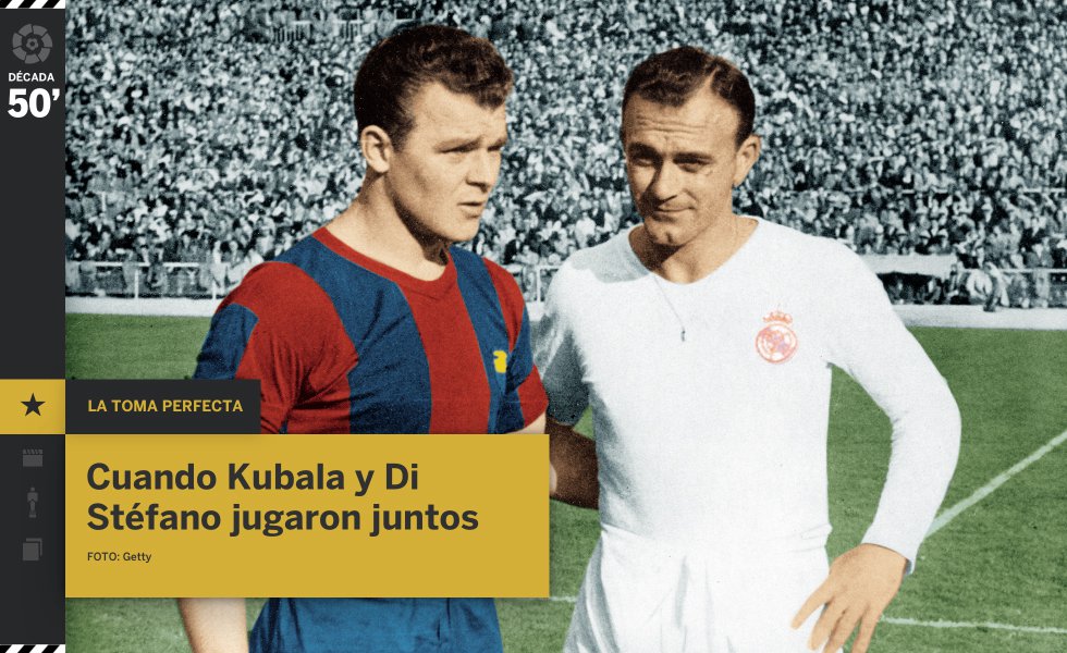 Los cincuenta gravitaron en torno a dos grandes figuras: Ladislao Kubala y Alfredo di Stéfano. Ambos fueron la bandera de dos equipos enfrentados por hacerse con la hegemonía en la máxima categoría del fútbol español, anticipando el duelo entre Leo Messi y Cristiano Ronaldo. Aunque a diferencia de los últimos, ellos sí jugaron juntos. Fue en 1955, durante un partido de exhibición contra el Bolonia italiano y con la camiseta de la selección catalana, donde los dos genios “combinaron de maravilla” en un “vendaval de juego y lujos”, según explica Alfredo Relaño en EL PAÍS.