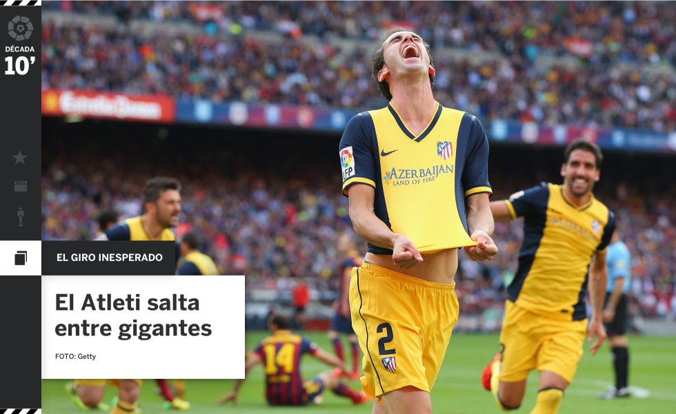 Son los tiempos de Messi, Guardiola, Cristiano Ronaldo, Neymar, Mourinho, Iniesta, Kroos, Xavi y otras estrellas. Quien se elevó fue el defensa Diego Godín e hizo volar al Atlético de Madrid de Diego Pablo Simeone, el único equipo que en los últimos 16 años logró arrebatarle el título liguero al FC Barcelona y al Real Madrid. Consolidados bajo el estilo solidario del entrenador argentino, todos juntos, el 17 de mayo de 2014, empataron a uno en el Camp Nou ante el Barça y se quedaron con el campeonato. El uruguayo Godin saltó más que ninguno para igualar el marcador y darle un título histórico a los del Cholo, que en los pasillos del estadio blaugrana le perseguía gritando: “¡Mamita querida, Godin! ¡Vas a quedar en la historia del Atlético de Madrid!”.