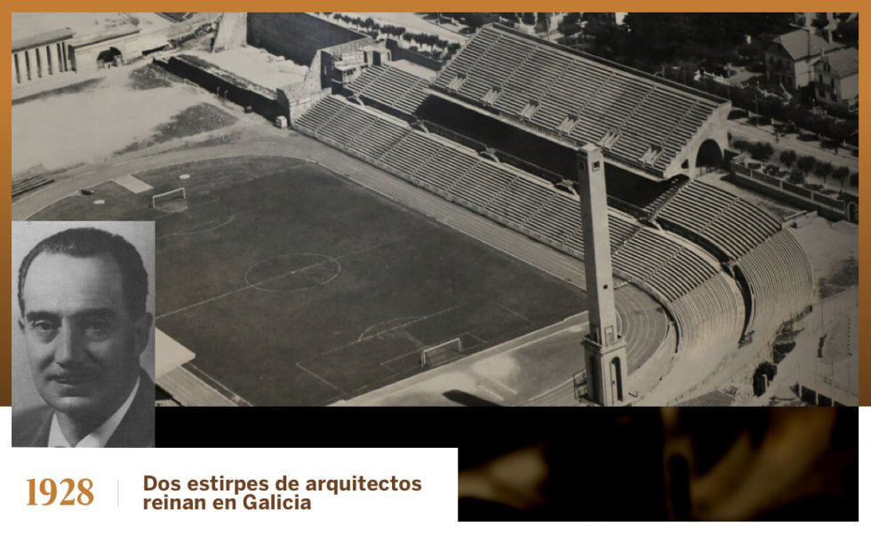 La construcción de Balaídos (RC Celta) y de Riazor (RC Deportivo) corrió a cargo de dos estirpes de arquitectos. El primero, levantado en 1928, fue diseñado por Jenaro de la Fuente Álvarez, hijo de Jenaro de la Fuente Domínguez, el responsable de los edificios más emblemáticos del Vigo decimonónico. El segundo, de 1944 y que aparece en la imagen, luce una torre de más de 45 metros pensada para seguir pruebas de atletismo por obra de Santiago Rey, hijo de arquitecto y padre de Milagros Rey, considerada la primera arquitecta gallega. A diferencia del fútbol inglés, donde un único hombre, Archibald Leitch, diseñó los estadios de 20 grandes equipos, en España fueron mayormente profesionales vinculados a cada región o ciudad los que se encargaron de este tipo de edificaciones durante el siglo pasado.
