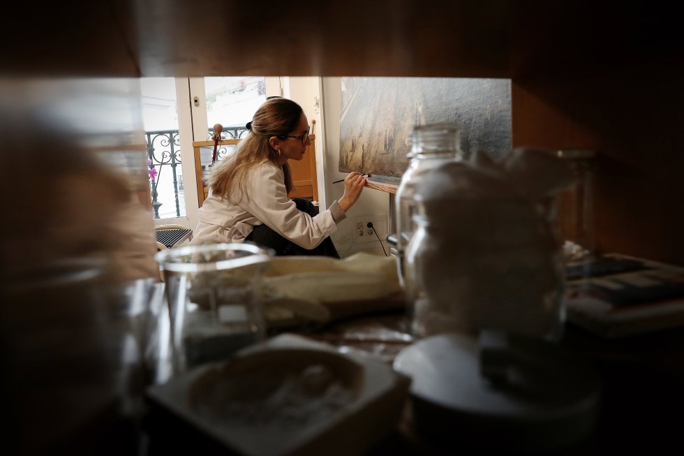 Un detalle de la restauración de 'Vista de la plaza de San Marcos en Venecia', de Canaletto.