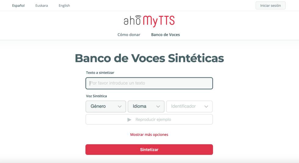 Captura de pantalla del banco de voces sintéticas del proyecto AhoMyTTS.