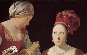 La mirada de complicidad de la meretriz a su sirvienta delata un posible estrabismo.