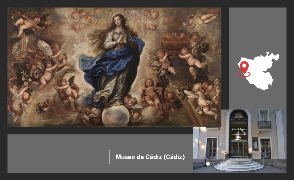 Esta Inmaculada de libro, con todos sus elementos iconográficos (luna, estrellas, túnica blanca, manto azul, espejo, palmas, la puerta del cielo…) es una de las seis obras del Prado en el Museo de Cádiz. Depositada en 1879, responde a esos primeros criterios de ceder por tamaño: su anchura, con marco, alcanza casi los cuatro metros. También por gusto: la pintura italiana del siglo XVII se comienza a valorar con la exposición comisariada por Pérez Sánchez en 1970, con motivo del 150º aniversario del Prado. Hoy, los criterios han cambiado de tal manera que  Hipómenes y Atalanta  (1618-1619), de Guido Reni –que hoy ocupa el centro de la galería central, junto a la entrada de la sala de  Las meninas,  y también de grandes dimensiones– estaba en la Universidad de Granada desde 1882 hasta que se levantó el depósito para la exposición que conmemoraba el siglo y medio de museo.