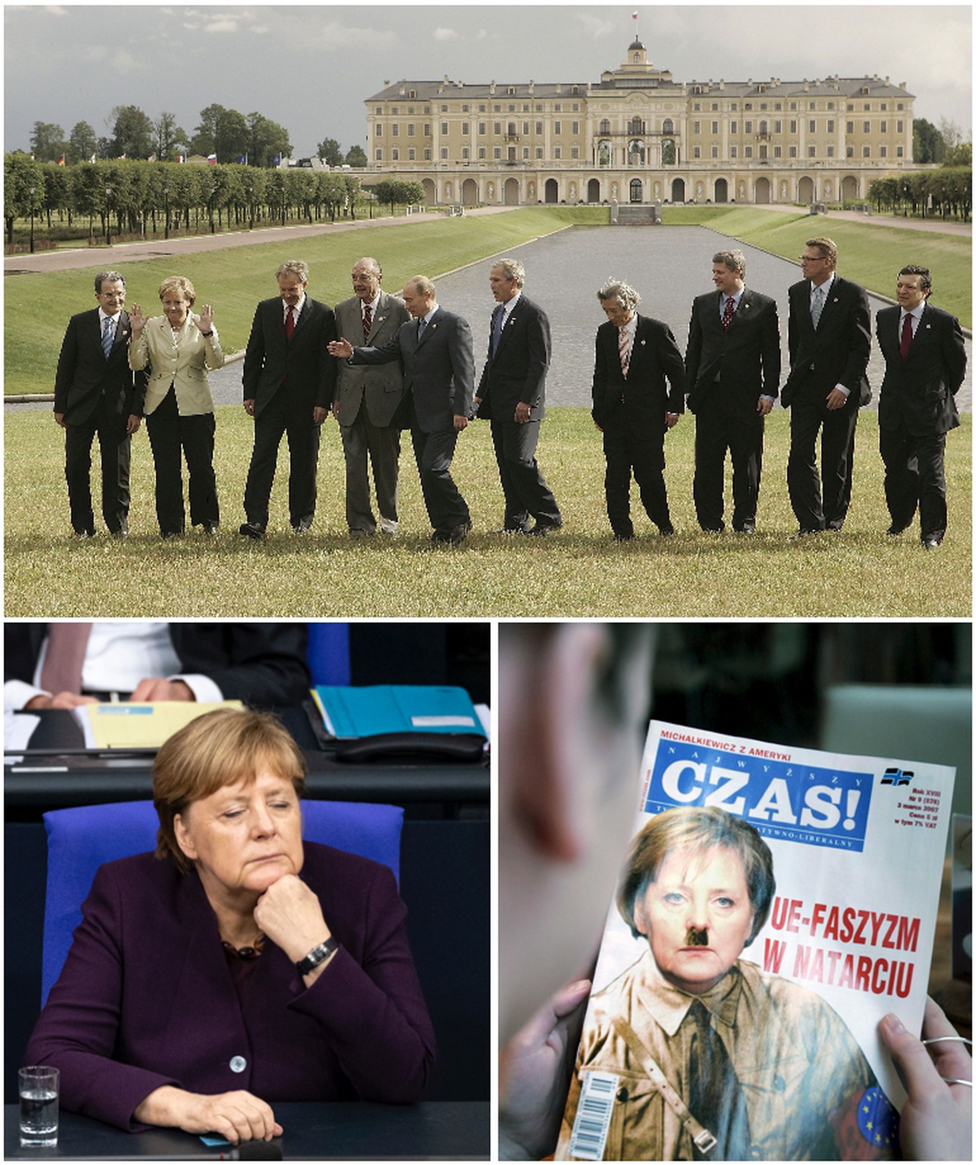 Merkel, rodeada de hombres en una cumbre del G-8 en San Petersburgo en 2006 (arriba), aparentemente dormida el pasado diciembre en el Bundestag y caricaturizada en la portada de una revista polaca en 2007. <b>Pulse en la imagen para visitar la fotogalería sobre el legado de la canciller</b>. 