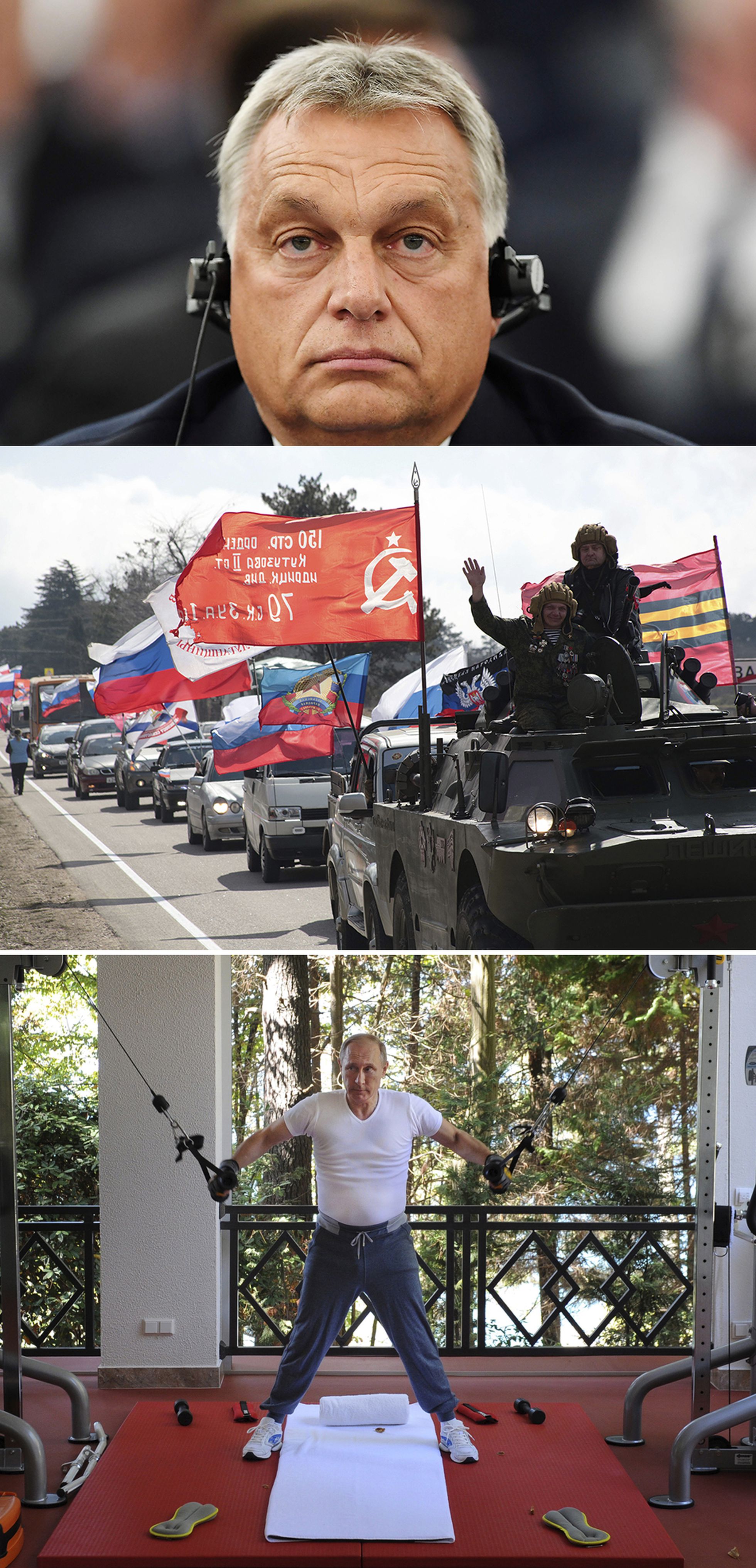 El primer ministro de Hundría, Viktor Orbán, en un encuentro internacional en 2018 (arriba). Marcha de celebración por la anexión de la península de Crimea por parte de Rusia, en Sebastopol en 2019. Y el presidente de Rusia, Vladímir Putin, entrenando en su casa en 2015. <b>Pulse en la imagen para visitar la fotogalería sobre el legado de Merkel</b>.