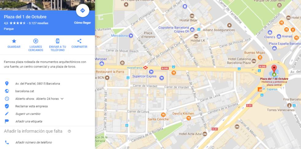 plaça espanya barcelona mapa La Plaza de España de Barcelona aparece en Google Maps como Plaza 